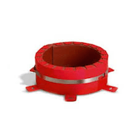 A red cylinder with a metal band around it on a white background.