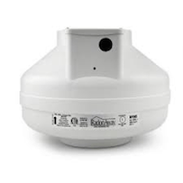 A white ceiling fan with a hole in the middle on a white background.