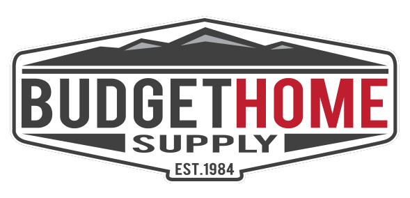 The logo for budgethome supply is a black and red logo with mountains in the background.