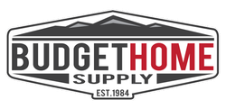 The logo for budgethome supply is a black and red logo with mountains in the background.