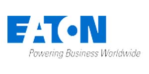 The eaton logo is blue and white and says powering business worldwide