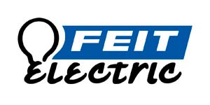 A blue and white logo for a company called feit electric