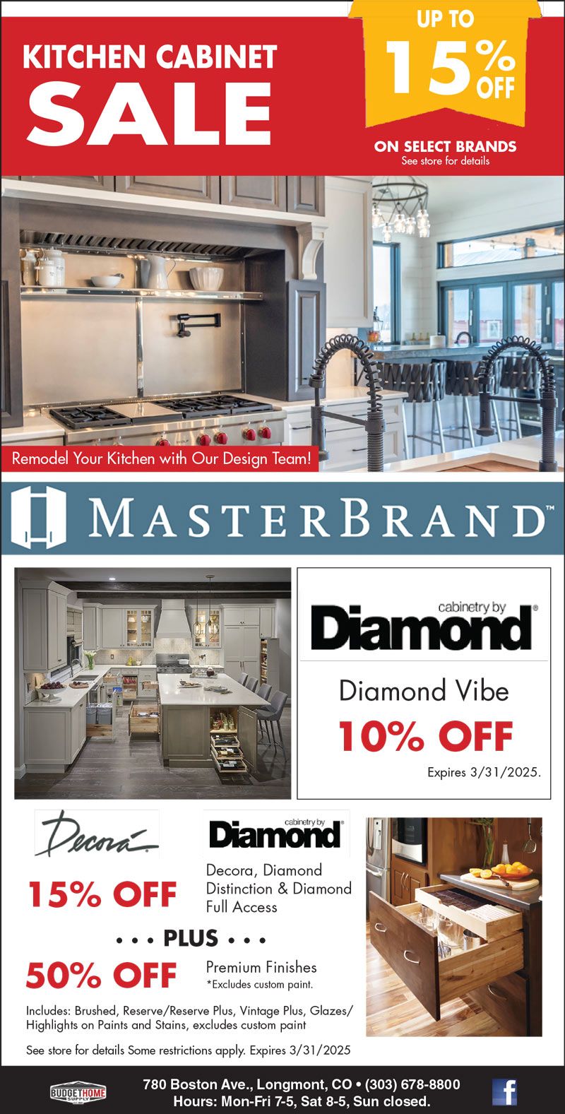 A kitchen cabinet sale advertisement for masterbrand and diamond.