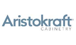 The logo for aristokraft cabinetry is blue and white.