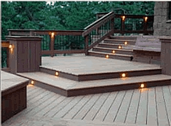A wooden deck with stairs and lights on it.