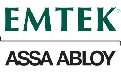 The logo for emtek assa abloy is green and black on a white background.