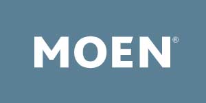 The moen logo is on a blue background.