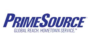 The logo for primesource is a global reach hometown service.