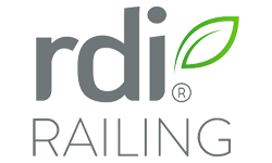 The logo for rdi railing has a green leaf on it.