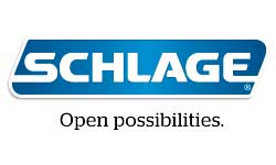 The schlage logo is blue and white and says `` open possibilities ''.