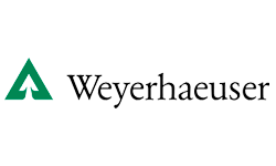 A weyerhaeuser logo with a green triangle on a white background.