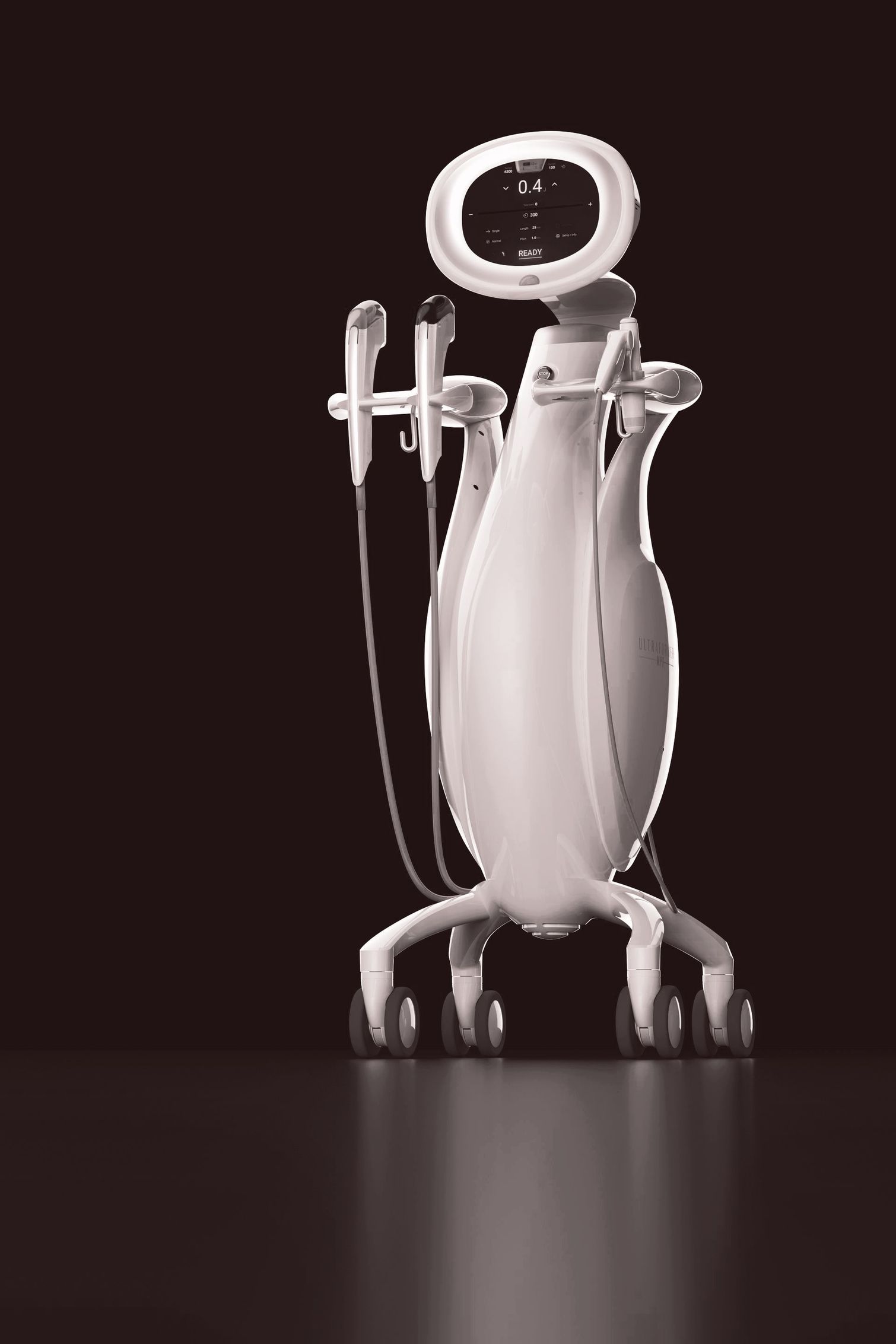 A white Ultraformer with a ring around its head is standing on a table.