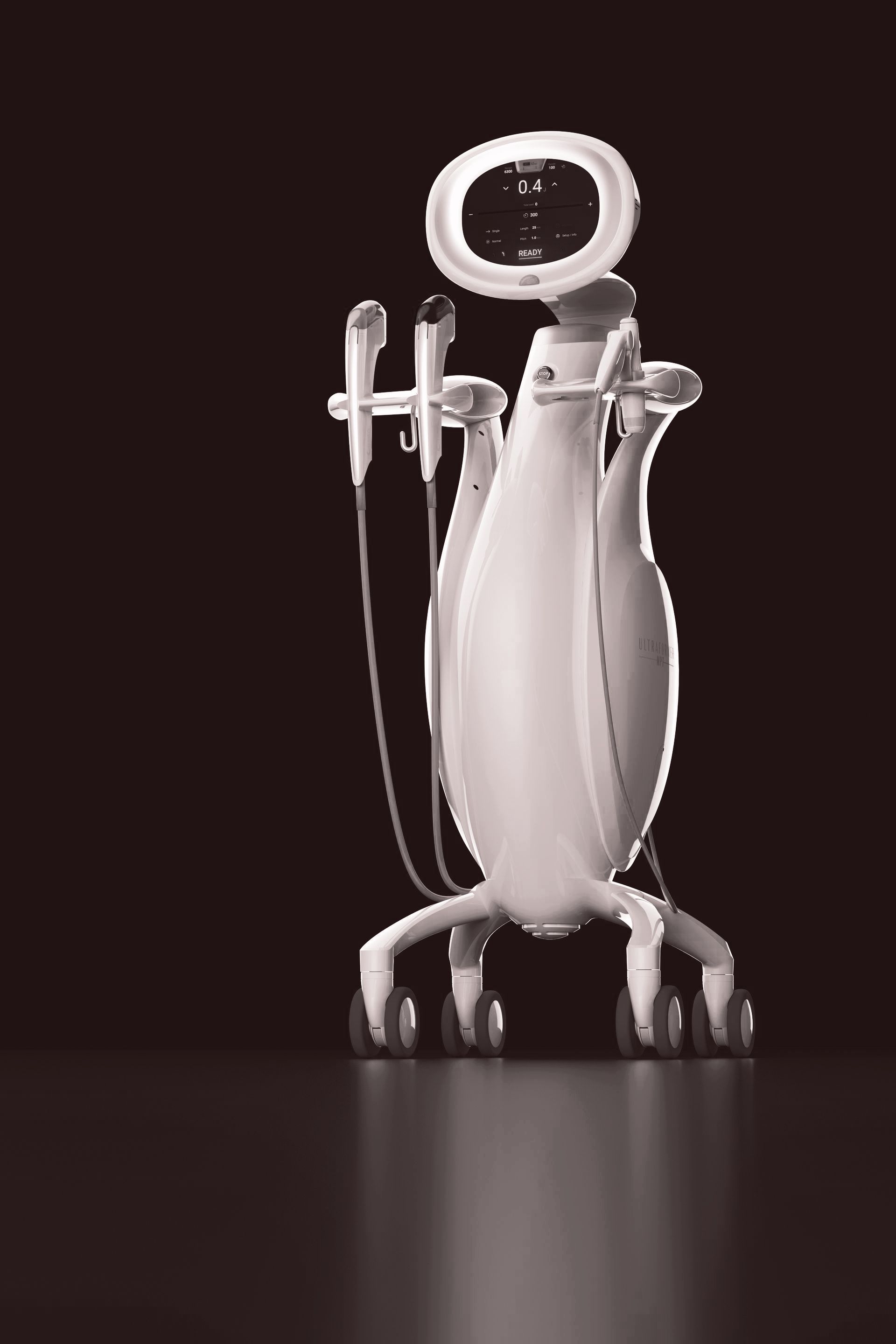 A white Ultraformer with a ring around its head is standing on a table.