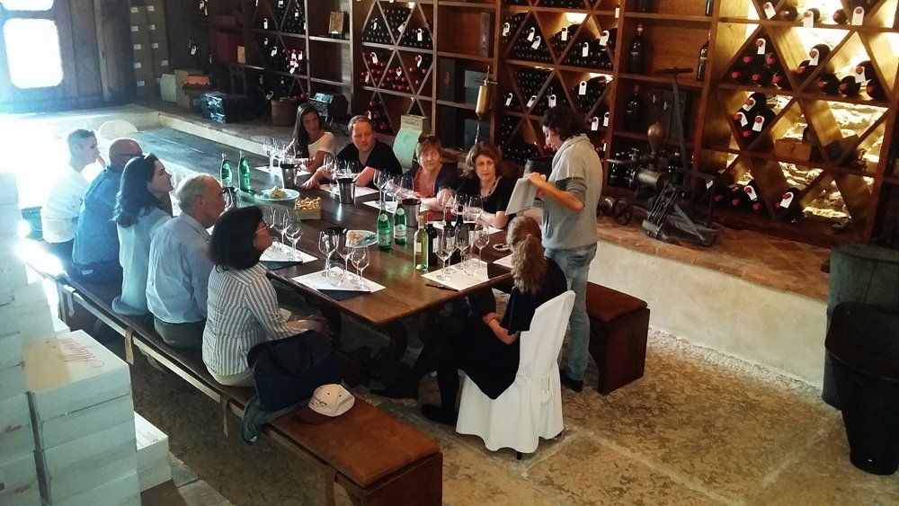 Wine tasting session in a rustic Italian cellar, with guests seated around a wooden table.