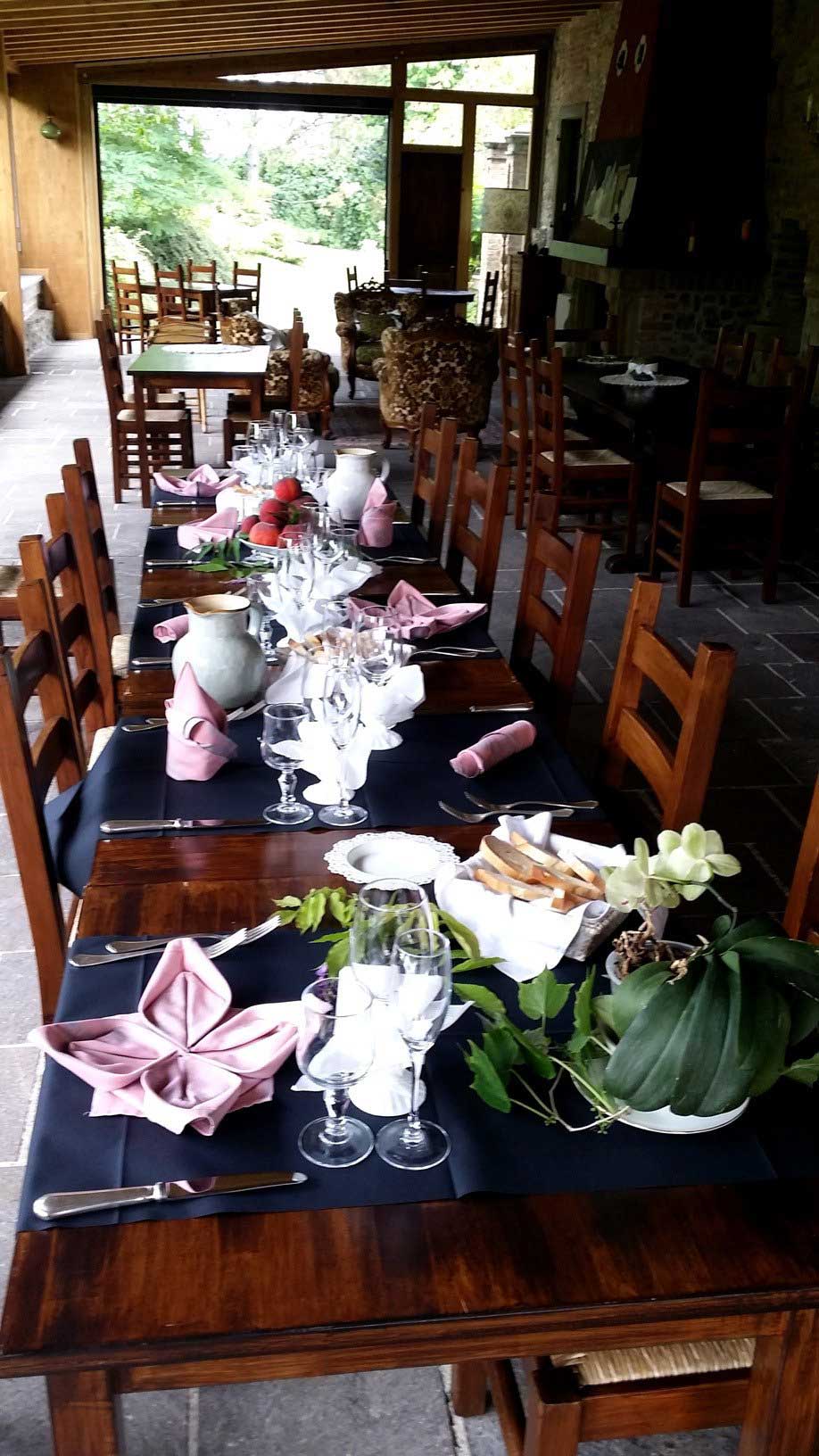 Long wooden table set for dining with pink napkins, wine glasses, and rustic decor in a countryside restaurant.