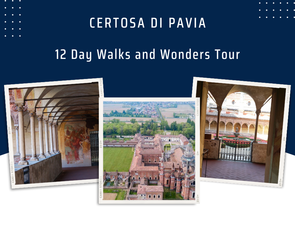 Views of Certosa di Pavia, highlighting the monastery’s intricate architecture, frescoed corridors, and expansive courtyards.