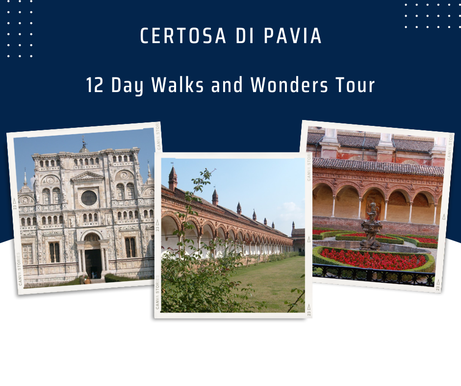 The Certosa di Pavia featuring its ornate facade, arched cloisters, and a courtyard garden with a central fountain.