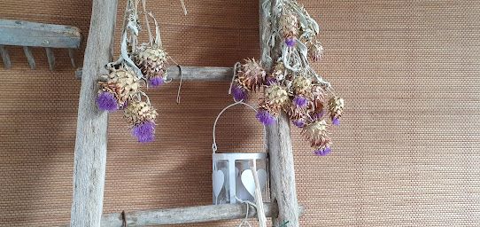 A wooden ladder with purple flowers hanging from it.