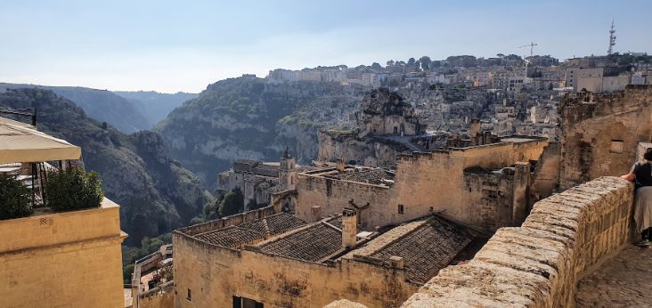 A woman is standing on a stone wall overlooking a city.