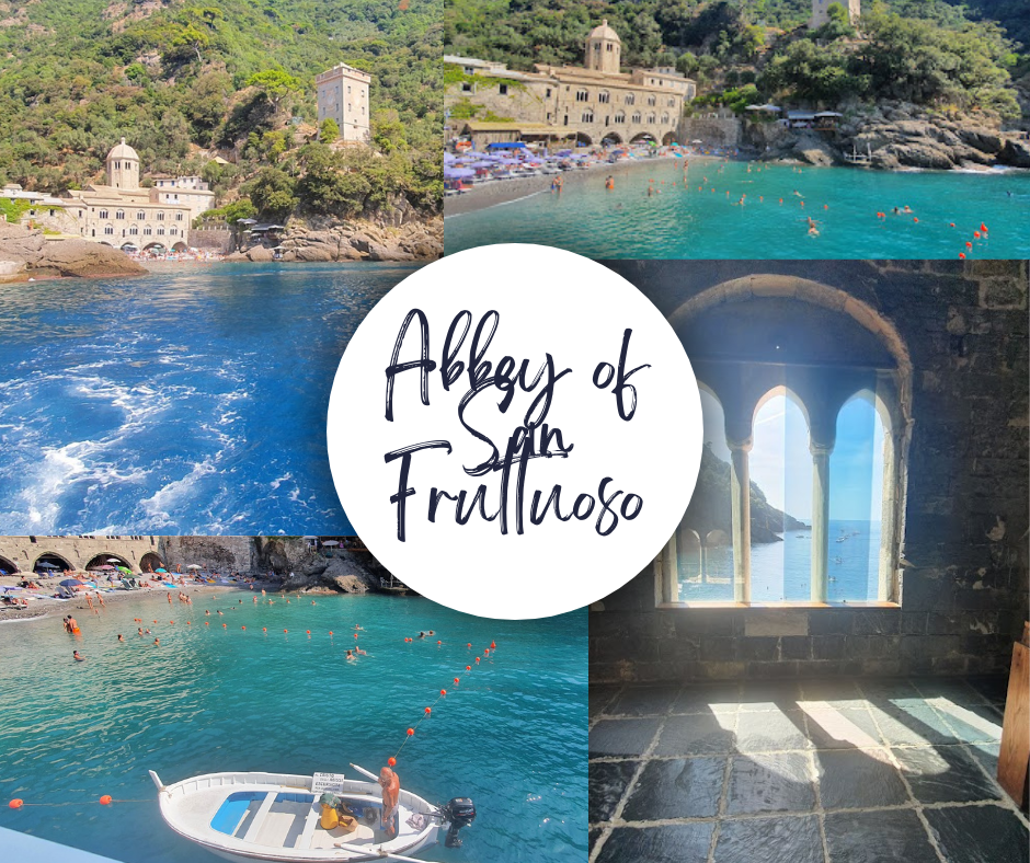 Abbey of San Fruttuoso, its architecture, turquoise waters, overlooking the bay.