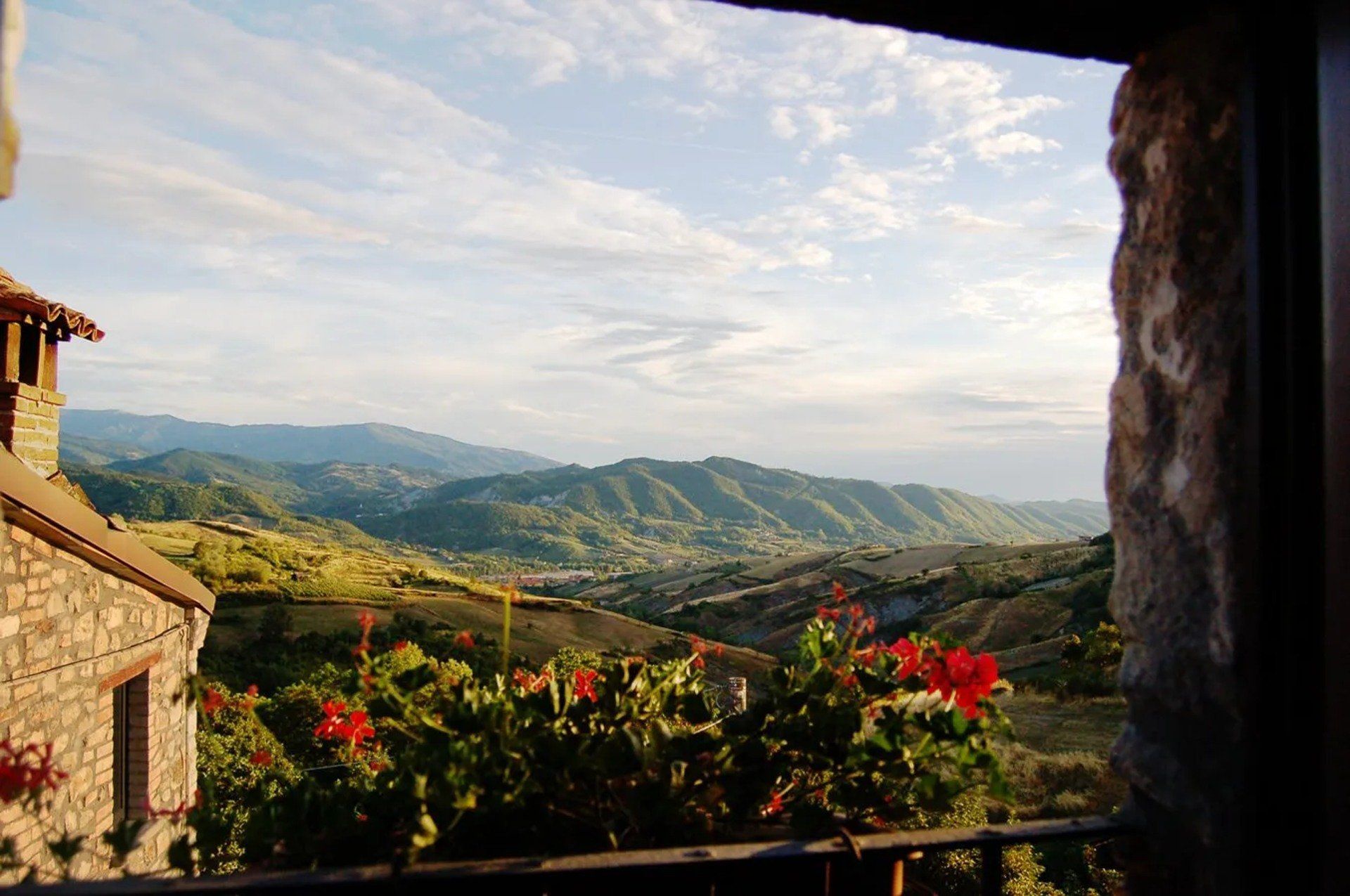 A view of mountains from a balcony with flowers in the foreground