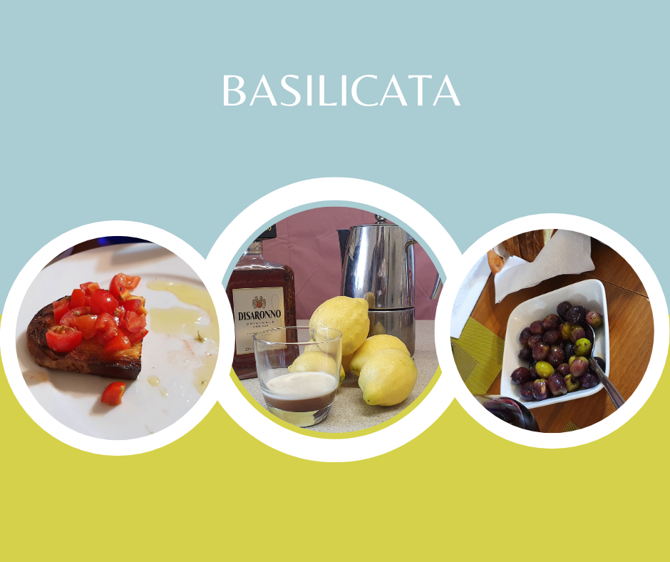 Basilicata features bruschetta with tomatoes, limoncello, and a bowl of fresh olives.