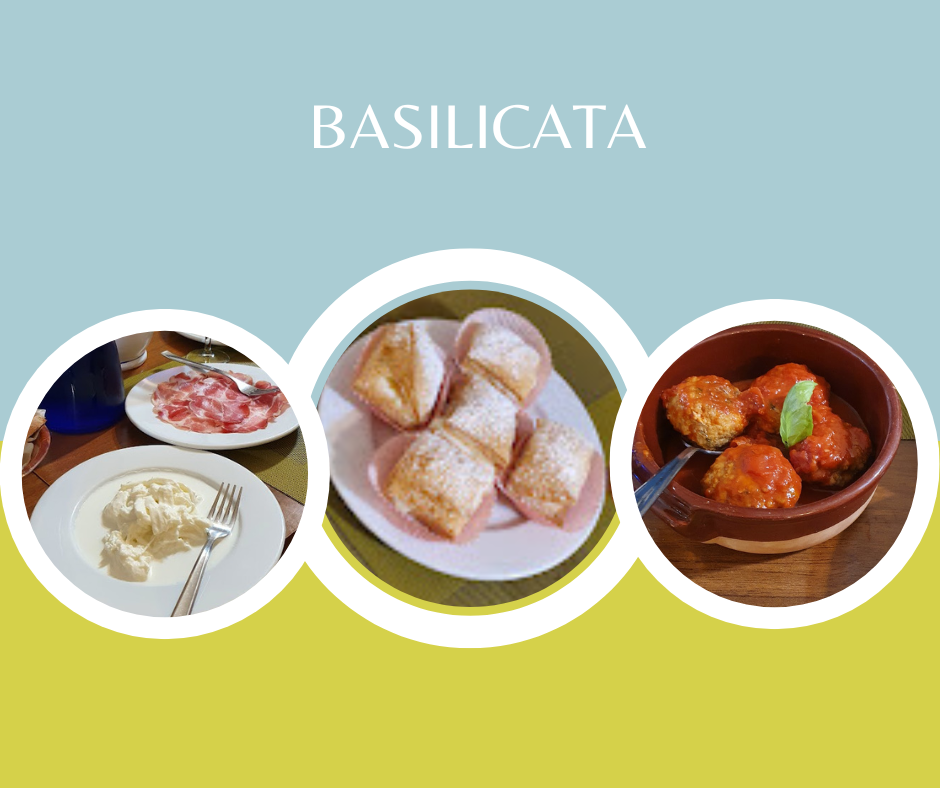 Basilicata showcases fresh ricotta, powdered sugar pastries, and meatballs in tomato sauce.