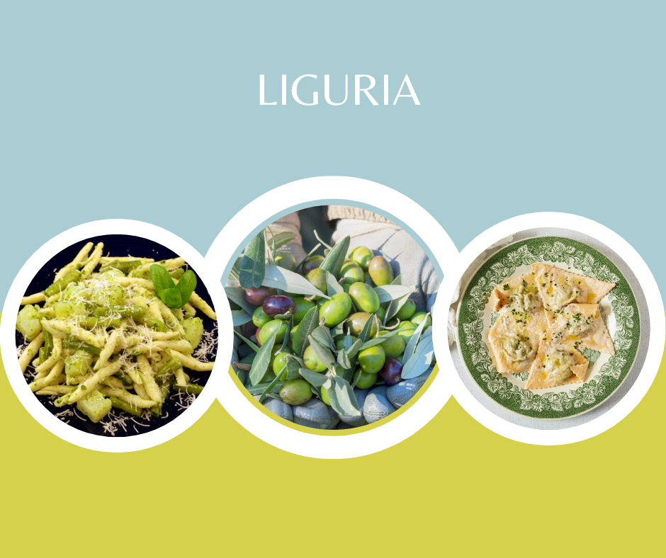 Liguria highlights pesto pasta, fresh olives, and handmade ravioli with herbs.