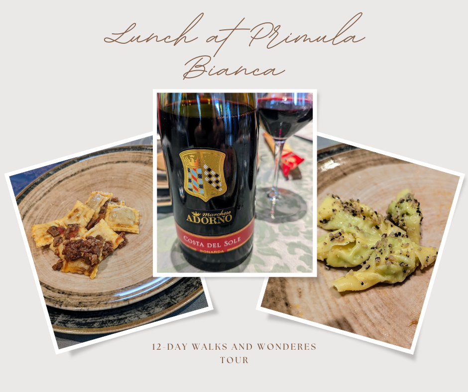 Lunch at Primula Bianca featuring wine, beef ravioli, and sage butter-filled pasta.