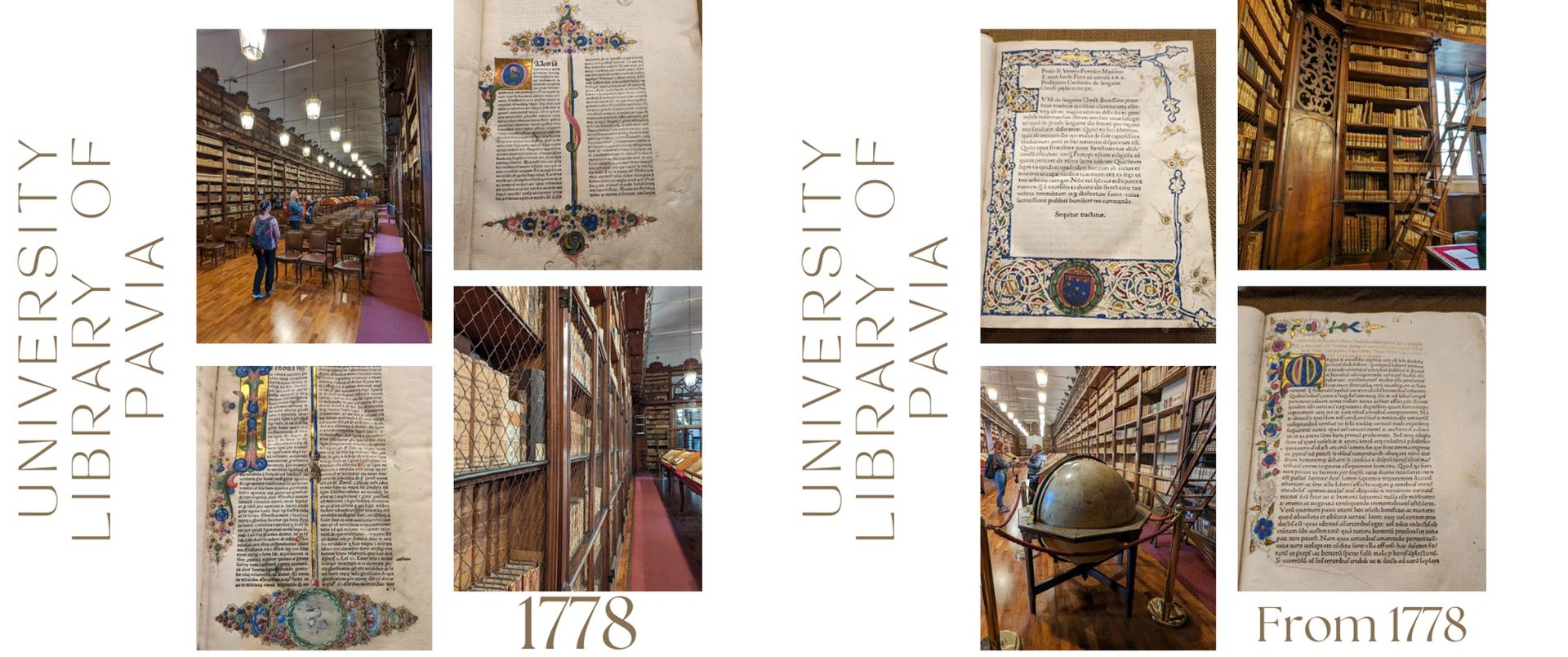 Grand bookshelves, antique manuscripts, and ornate decor in the University Library of Pavia (1778)