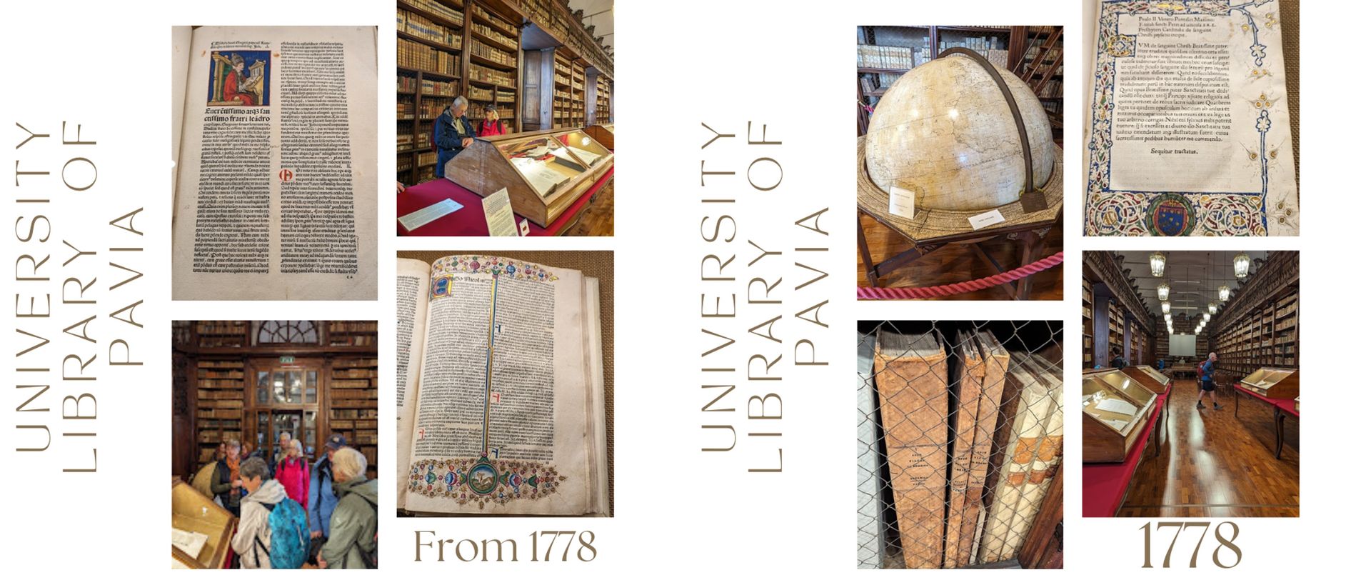 Display cases, a large globe, and historic manuscripts inside the University Library of Pavia (1778)