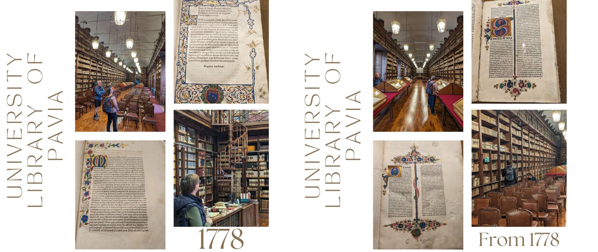 Spiral staircase, towering bookshelves, and ancient texts in the historic University Library of Pavia