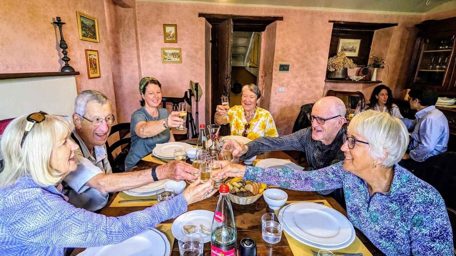 A group of people are sitting at a table toasting with wine glasses.