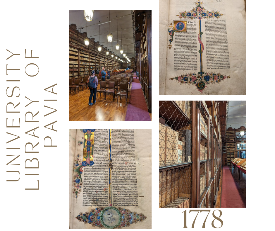 University Library of Pavia with historic bookshelves, ornate manuscripts, and a reading hall. Founded in 1778.