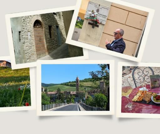 A collage of Varzi, Italy, featuring historic architecture, a memorial plaque, a scenic bridge leading to the town, a countryside field, and an outdoor dining scene with local cuisine.