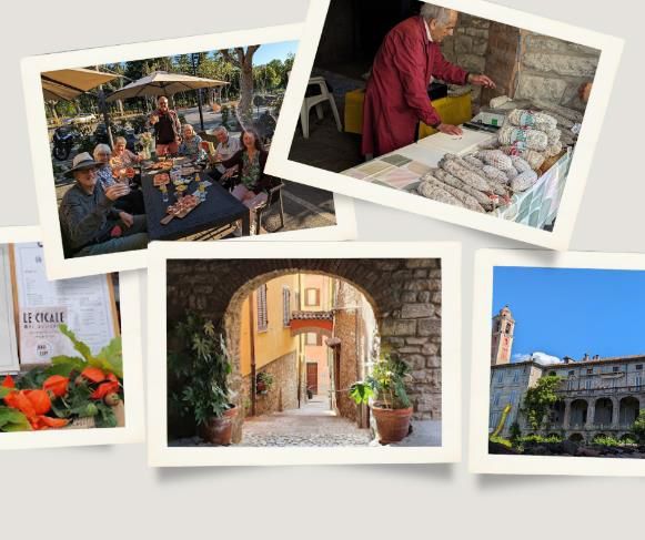 A collage of Varzi, Italy, featuring an outdoor dining scene, a local market vendor, a charming stone archway, a historic building, and a restaurant menu with fresh produce.