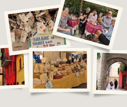 A collage of Varzi, Italy, showcasing a local cheese market, traditional salami, an outdoor café gathering, a colorful street, and a historic stone archway.