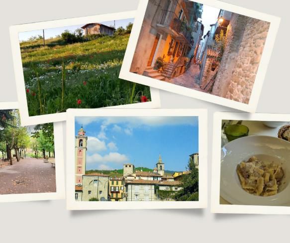 A collage of Varzi, Italy, featuring a countryside field, a charming evening-lit alley, a historic townscape, a tree-lined walkway, and a plate of local pasta.