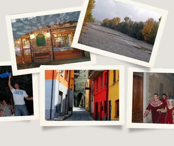 A collage of Varzi, Italy, featuring a fire performer, a panoramic town view, traditional pasta, a historic stone alley, and a cultural exhibit.