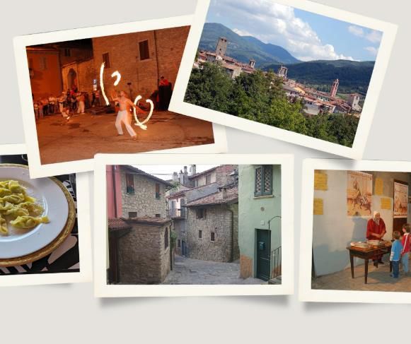 A collage of Varzi, Italy, featuring a fire performer, a panoramic town view, traditional pasta, a historic stone alley, and a cultural exhibit.