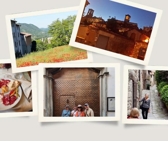 A collage of Varzi, Italy, featuring a hillside with poppies, a nighttime town view, a plate of local salami, a historic wooden door with tourists, and a stone alleyway.