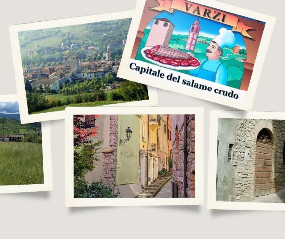 A collage of Varzi, Italy, featuring scenic landscapes, historic streets, stone doorways, and a sign promoting its famous salami.