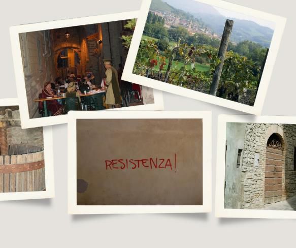 A collage of Varzi, Italy, featuring vineyards, medieval dining, historic architecture, and a wall with 