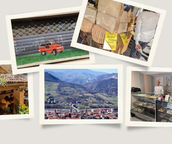 A collage of scenes from Varzi, Italy, showcasing its hillside landscape, local market, bakery, street mural, and outdoor café.