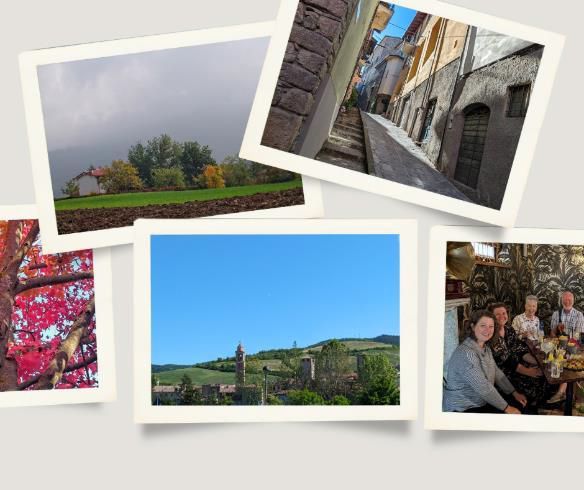 A collage of Varzi, Italy, featuring its historic streets, countryside, autumn foliage, village skyline, and a group dining scene.