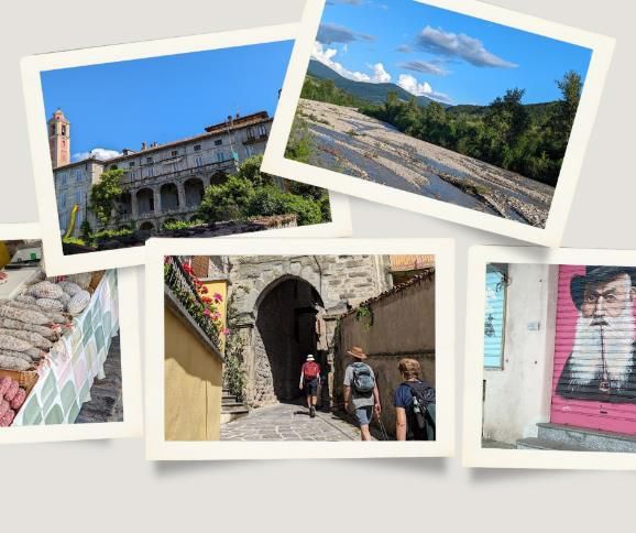 A collage of Varzi, Italy, featuring historic architecture, a scenic river, a local market, a medieval archway with tourists, and a mural of a bearded man.Escape to Varzi