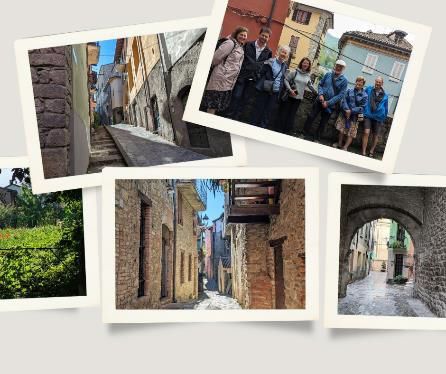 A collage of Varzi, Italy, showcasing its narrow stone streets, historic archways, lush greenery, and a group of visitors posing in a colorful town square.