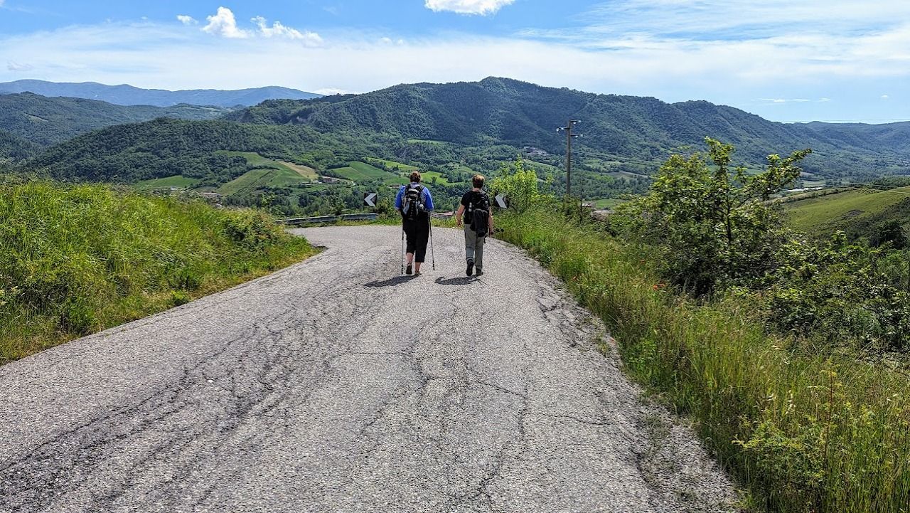 Two people are walking down a dirt road.