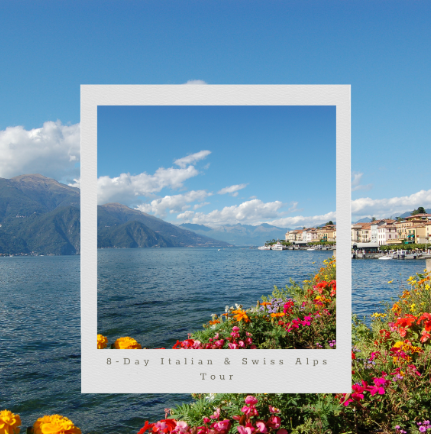 A picture of a lake with flowers and mountains in the background