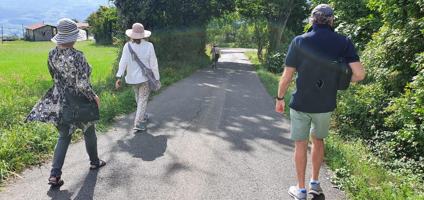 A group of people are walking down a path.
